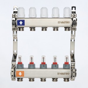 Коллекторный блок из НЕРЖ. стали с регул. клап. и расх., 1"х2 вых. Евроконус 3/4" (без сервис. гр.)