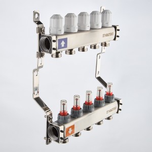 Коллекторный блок из НЕРЖ. стали с регул. клап. и расх., 1"х2 вых. Евроконус 3/4" (без сервис. гр.)