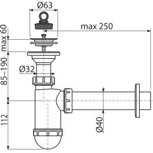 Сифон для умывальника ALСAPLAST Alcadrain DN40 с нержавеющей peшeткой DN63