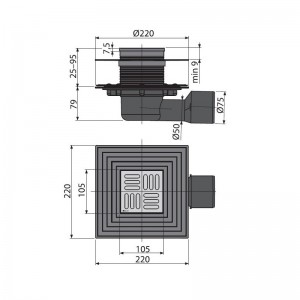 Трап ALСAPLAST Alcadrain 105*105/50/75мм углов.нерж.решетка APV3344